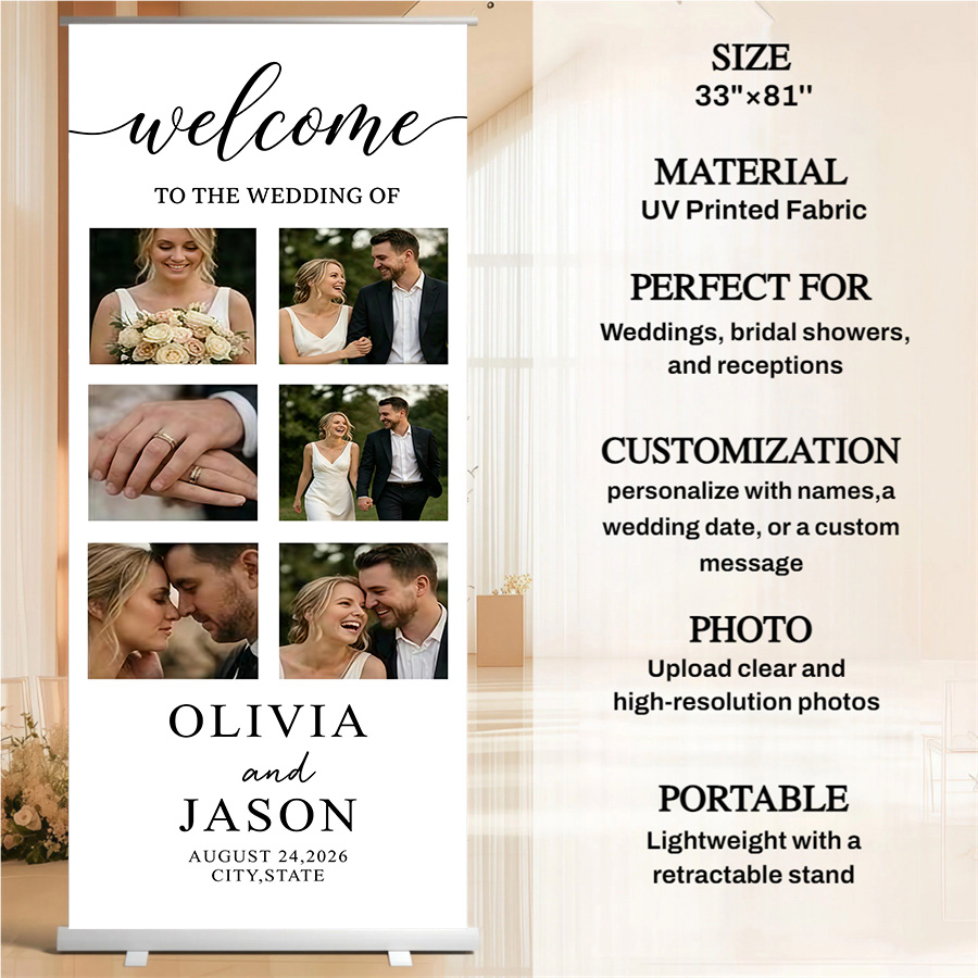 Customized wedding retractable banners - personalized photo wedding welcome signs, reception decorations and background curtains